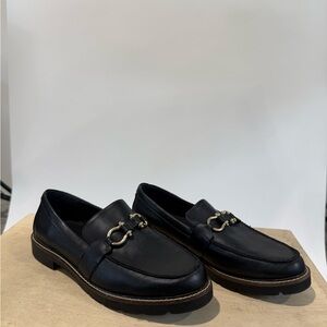 Anne Klein Black Leather Loafers with Gold Horsebit